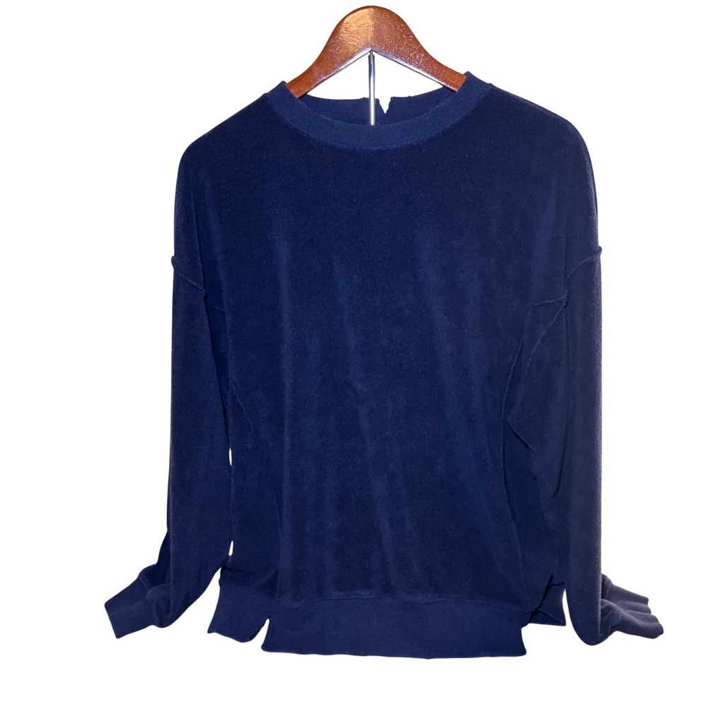 Aerie Womans Size L Terry Cloth Sweatshirt Navy Blue  Raw Edge Oversized